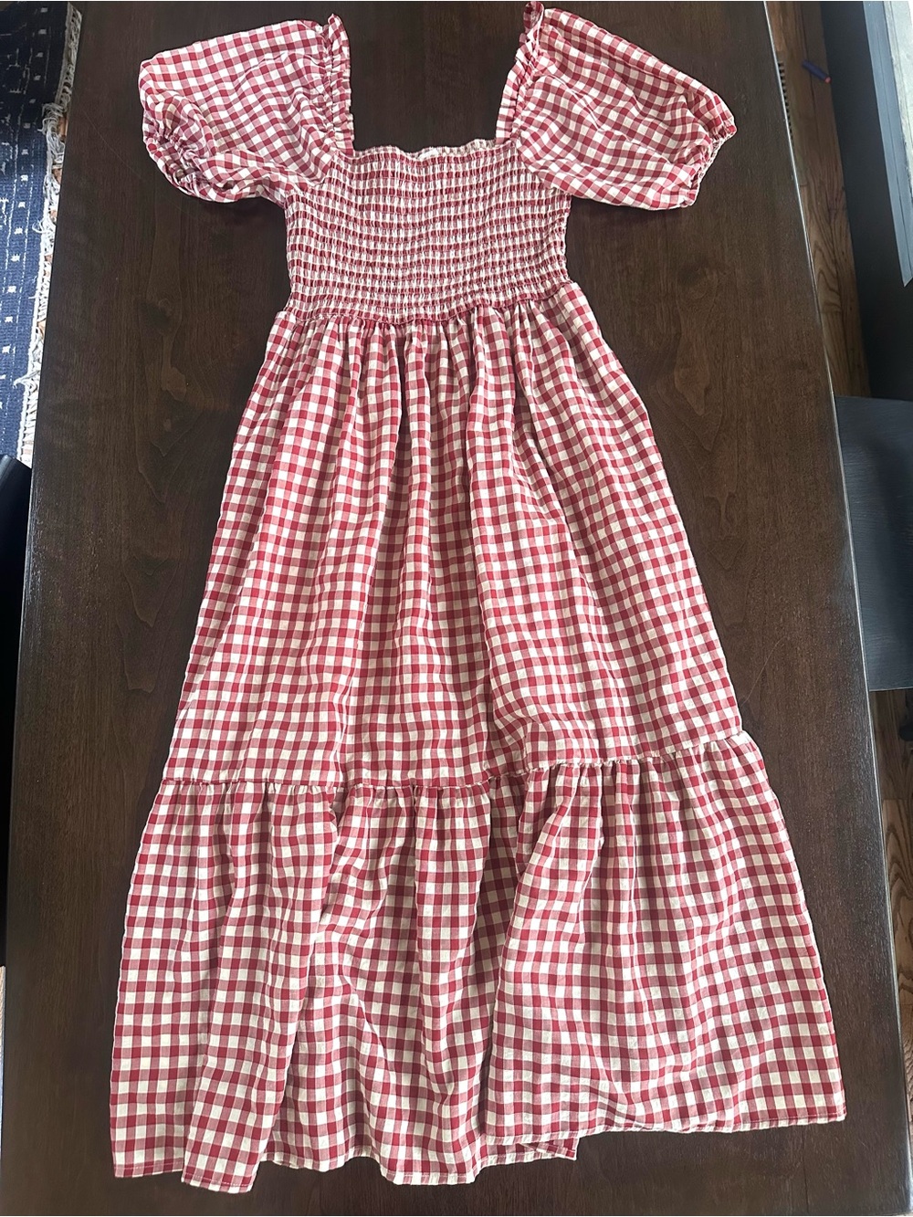 Elloh Red & Cream Gingham Smocked Puff Sleeve Cotton Midi Dress L Like New